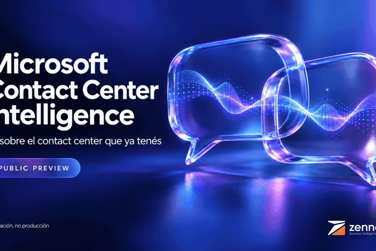 Microsoft Contact Center Intelligence: IA sobre el contact center que ya tenés. Public preview: evaluación, no producción. Ilustración conceptual original con identidad Zennon.