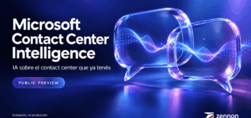Microsoft Contact Center Intelligence: IA sobre el contact center que ya tenés. Public preview: evaluación, no producción. Ilustración conceptual original con identidad Zennon.